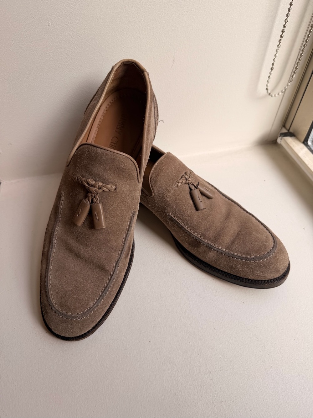 Jimmy Choo Suede Tassel Loafers in Taupe